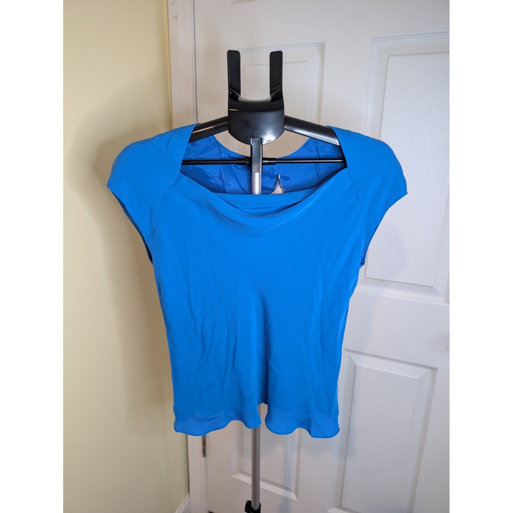 Maggy London Blouse Blue Silk‎ Square Neck Cap Sleeve Top - Size 10